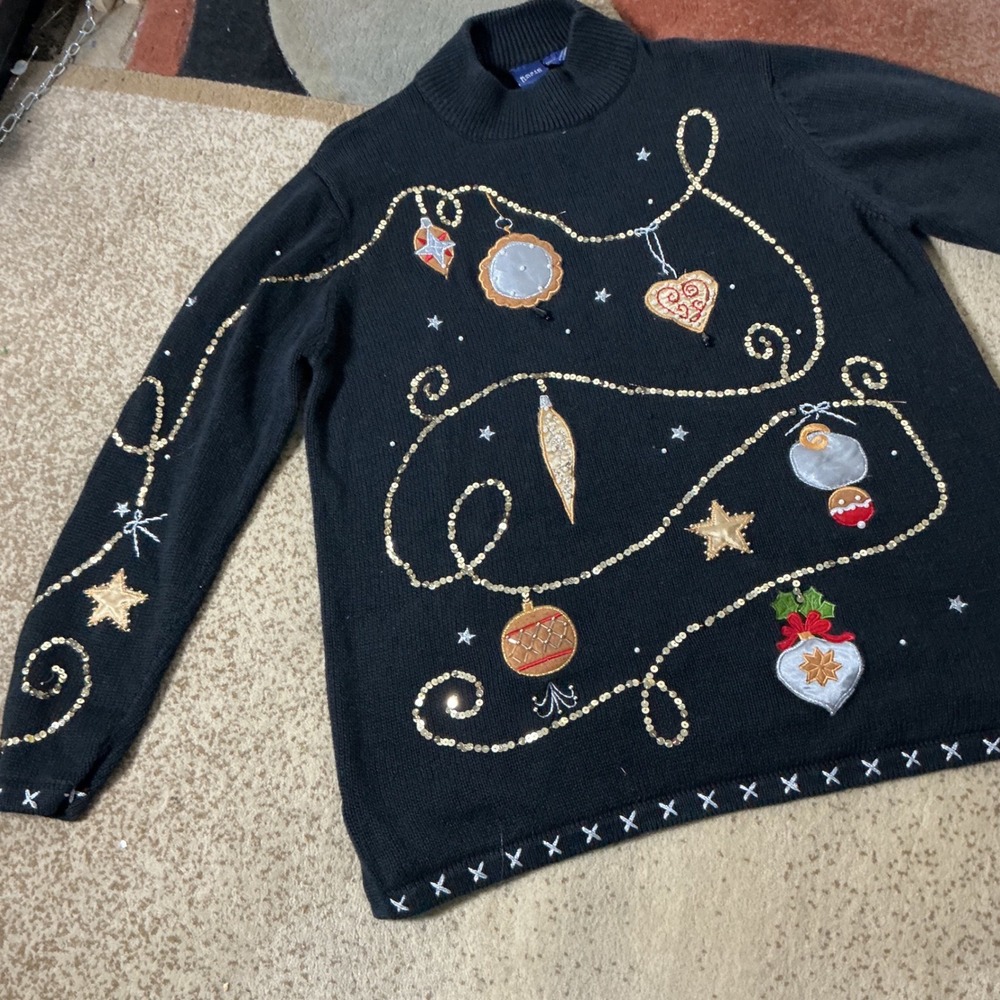Basic Editions Holiday Ornament Sweater Women XL Black Sequin Festive Knit Top - Picture 2 of 7
